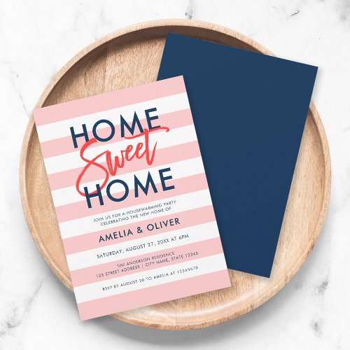 Pastel Coral Pink Stripes Blue Housewarming Party Invitation