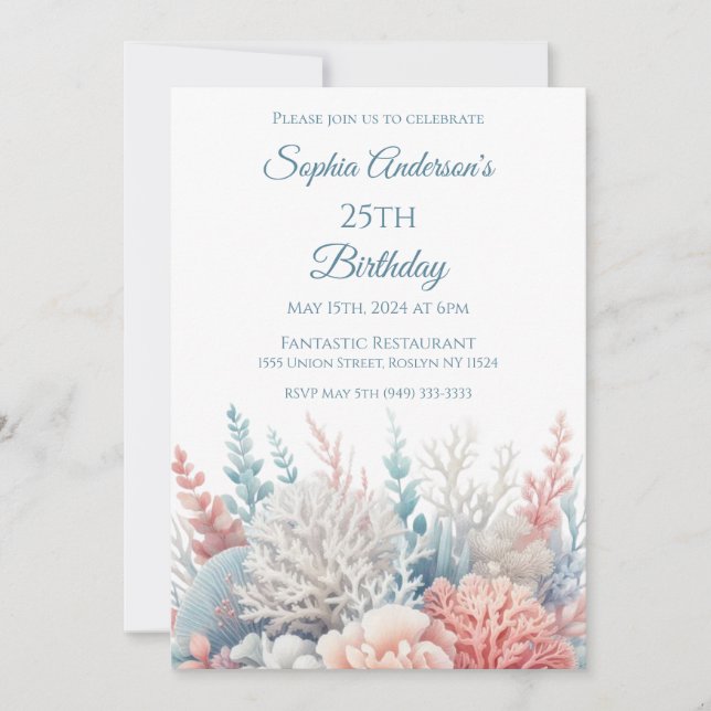 Pastel Coral Reef-Beach Theme- Birthday Invitation (Front)