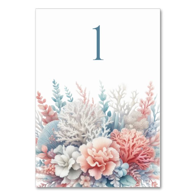 Pastel Coral Reef-Beach Wedding Table Card (Front)