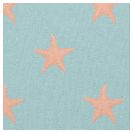 Pastel Coral Starfish on Blue Fabric