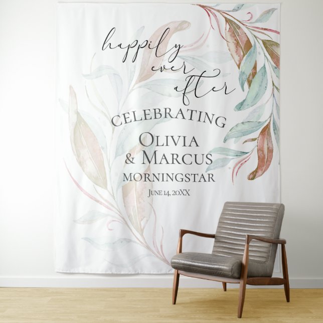 Pastel Coral Teal Foliage Wedding  Photo Backdrop (In Situ)