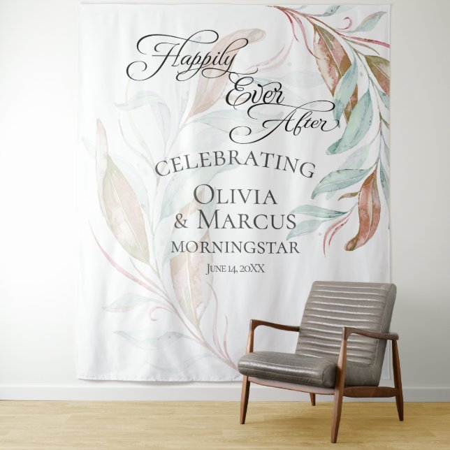 Pastel Coral Teal Foliage Wedding  Photo Backdrop (In Situ)
