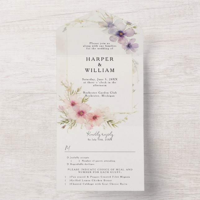 pastel cosmos flowers rsvp attached wedding all in one invitation (Inside)