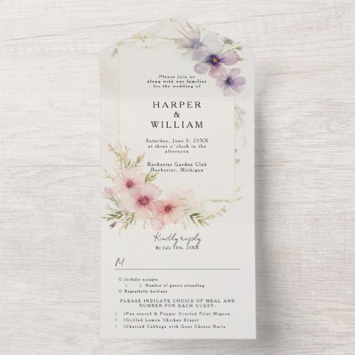 pastel cosmos flowers rsvp attached wedding all in one invitation
