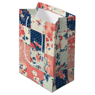 Pastel Cottage Floral Quilt in Indigo and Peach Medium Gift Bag