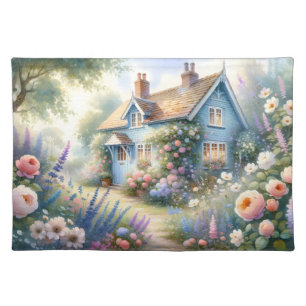 Pastel Cottage Garden Blue House Floral Scene Cloth Placemat
