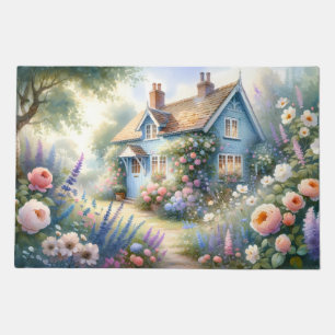 Pastel Cottage Garden Blue House Floral Scene Doormat