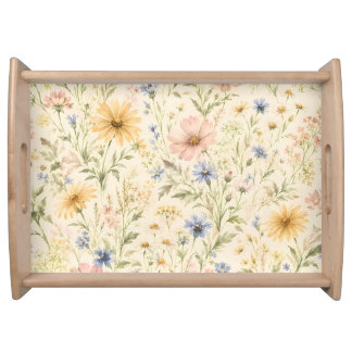 Pastel Cottage Wildflower Watercolor Serving Tray