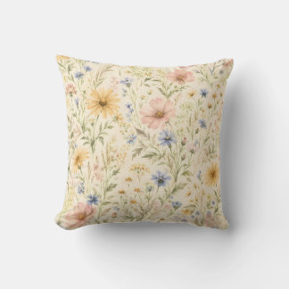 Pastel Cottage Wildflower Watercolor Throw Pillow