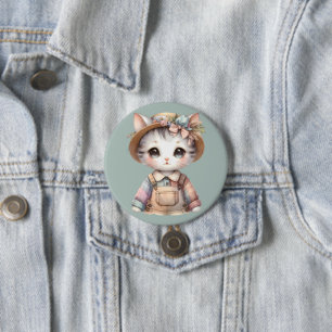 Pastel Cottagecore Cat in Overalls & Straw Hat Button