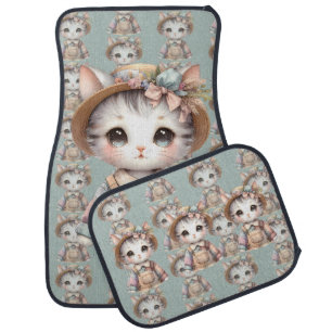 Pastel Cottagecore Cat in Overalls & Straw Hat Car Floor Mat