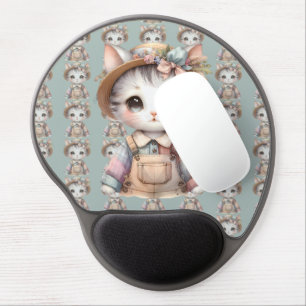 Pastel Cottagecore Cat in Overalls & Straw Hat Gel Mouse Pad