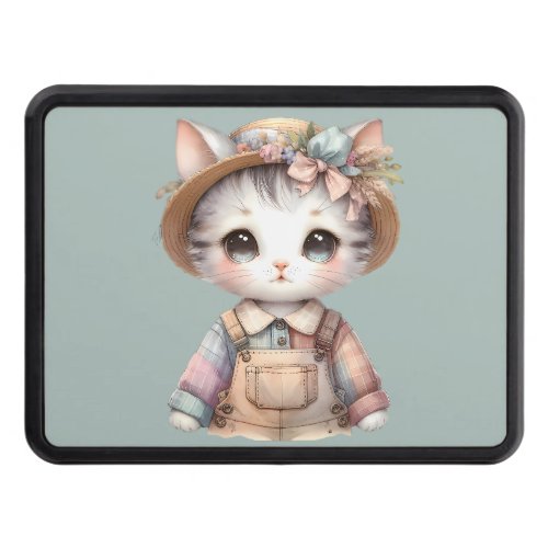 Pastel Cottagecore Cat in Overalls & Straw Hat Hitch Cover