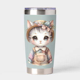 Pastel Cottagecore Cat in Overalls & Straw Hat Insulated Tumbler