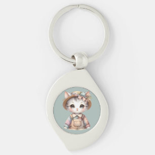 Pastel Cottagecore Cat in Overalls & Straw Hat Keychain