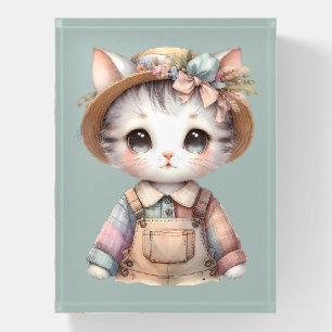 Pastel Cottagecore Cat in Overalls & Straw Hat Paperweight