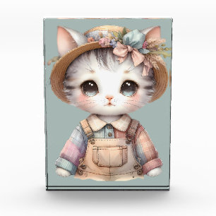 Pastel Cottagecore Cat in Overalls & Straw Hat Photo Block