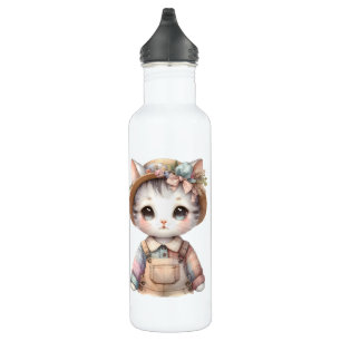 Pastel Cottagecore Cat in Overalls & Straw Hat Stainless Steel Water Bottle
