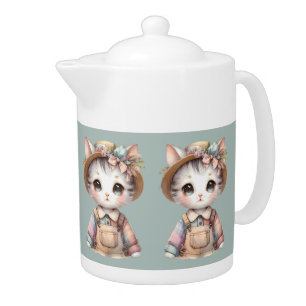 Pastel Cottagecore Cat in Overalls & Straw Hat Teapot