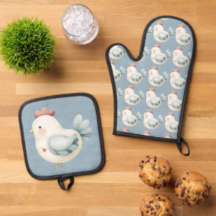 Pastel Cottagecore Chicken Oven Mitt & Pot Holder Set