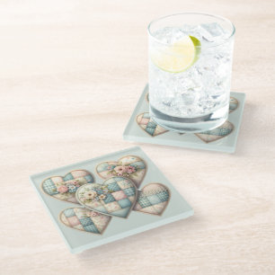 Pastel Cottagecore Patchwork Hearts Glass Coaster