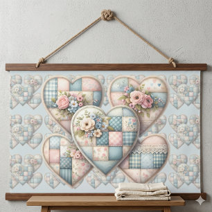 Pastel Cottagecore Patchwork Hearts Hanging Tapestry