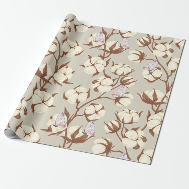 Pastel Cotton Flower and Butterflies Botanical  Wrapping Paper (Unrolled)