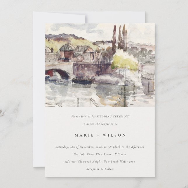 Pastel Country Bridge Riverside Watercolor Wedding Invitation (Front)