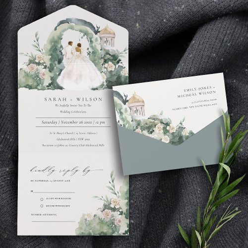 Pastel Couple Floral Garden Arch Botanical Wedding All In One Invitation