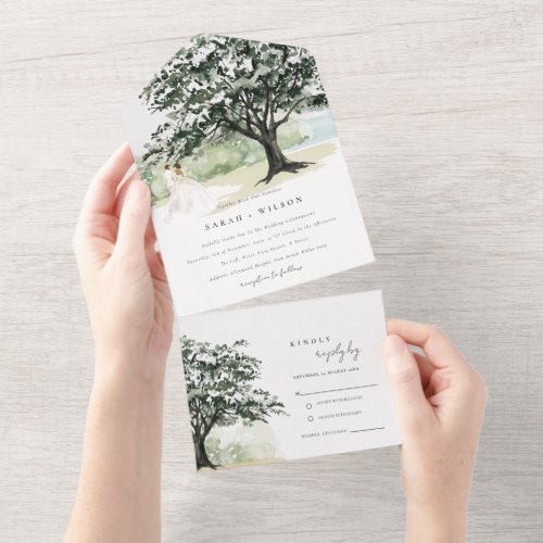Pastel Couple Floral Garden Tree Botanical Wedding All In One Invitation