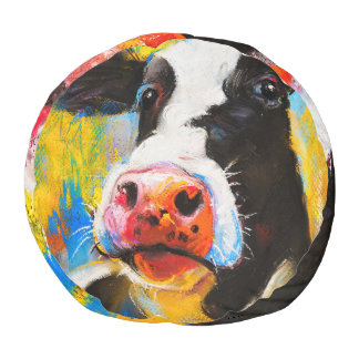 Pastel Cow Portrait Modern Painting Pouf