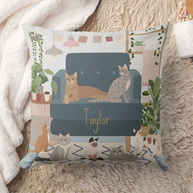 Pastel Cozy Cat Lounge and House Plants  Throw Pillow (Blanket)