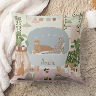 Pastel Cozy Cat Lounge House Plants  Throw Pillow