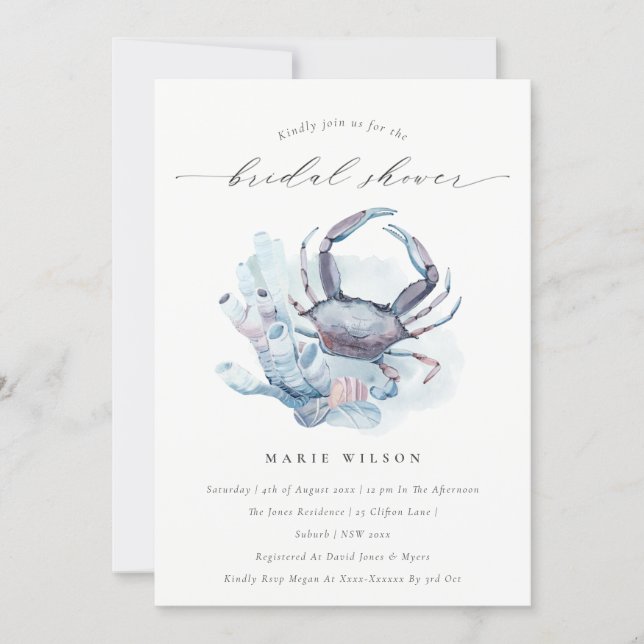 Pastel Crab Coral Nautical Bridal Shower Invite (Front)