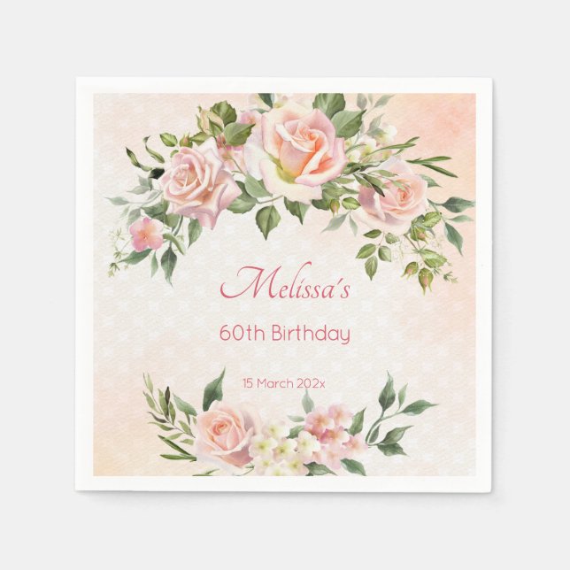 Pastel cream blush pink roses personalized  napkins (Front)