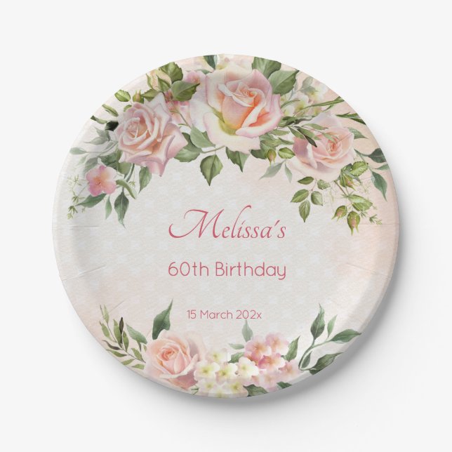 Pastel cream blush pink roses personalized paper plates (Front)