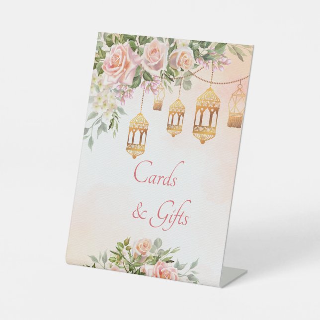 Pastel cream blush pink roses personalized pedestal sign (Front)