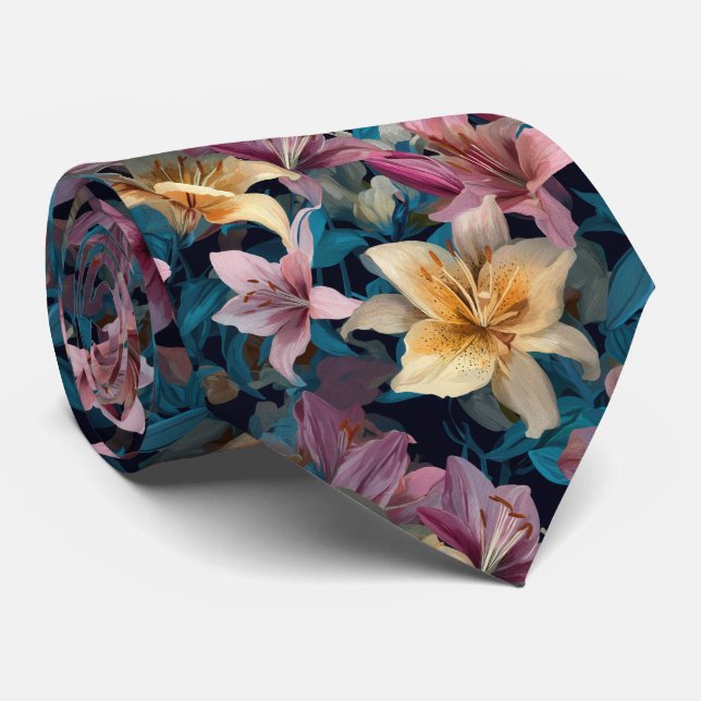 Pastel & Cream Lily Floral Pattern Neck Tie (Rolled)