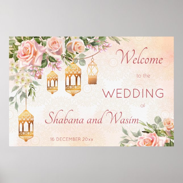 Pastel cream pink roses Arabian lanterns welcome Poster (Front)