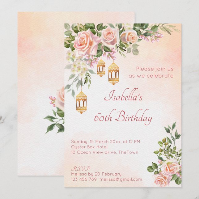 Pastel cream pink roses with Moroccan lanterns  Invitation (Front/Back)