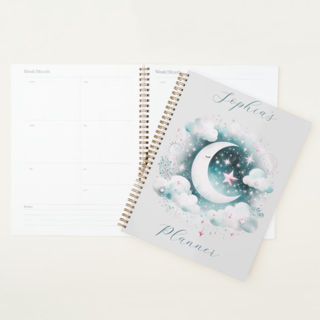 Pastel Crescent Moon Celestial Clouds Personalized Planner (Display)