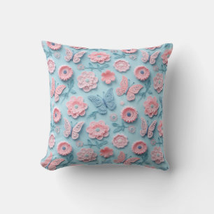 Pastel Crochet Butterflies and Blossoms Throw Pillow