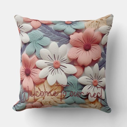 Pastel Crochet Knit Floral Throw Pillow