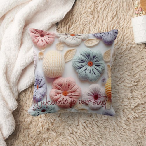 Pastel Crochet Knit Floral Throw Pillow