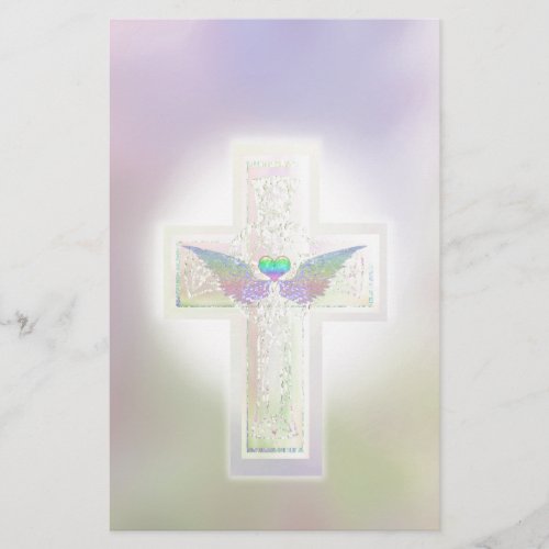 Pastel Cross with Heart and Angel Wings Stationery