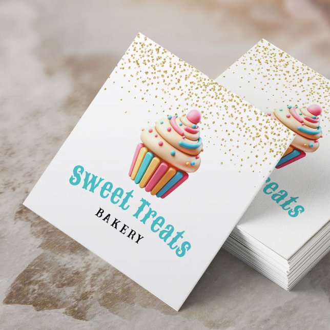 Pastel Cupcake Gold Confetti Bakery & Pastry Chef Square Business Card (Creator Uploaded)