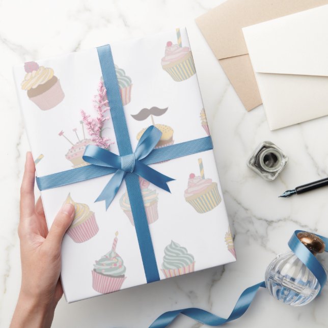 Pastel Cupcake Mustache Pattern Wrapping Paper (Gifting)