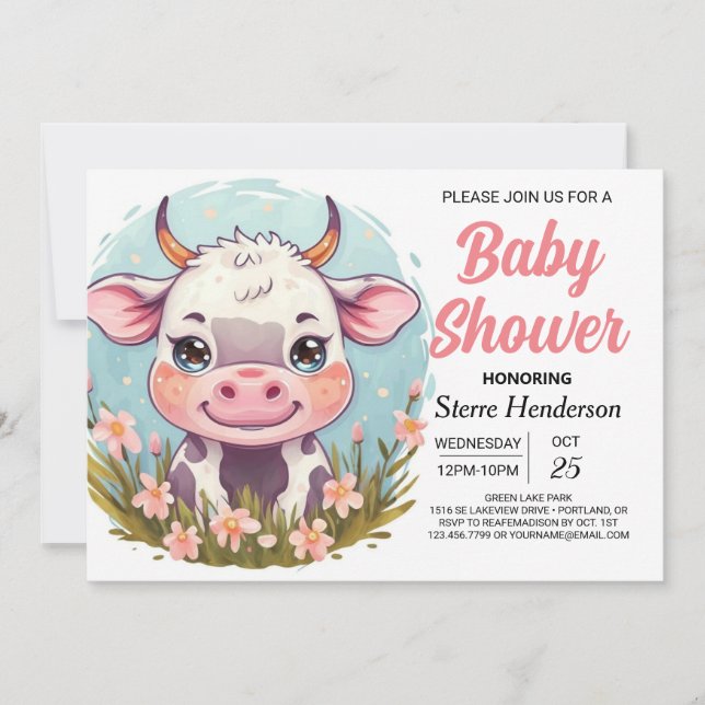 Pastel Custom Farmyard Cow Baby Shower Invitation (Front)