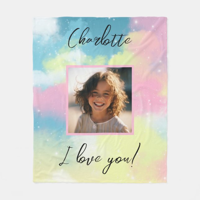 Pastel Custom Photo "I Love You" Personalized Name Fleece Blanket (Front)