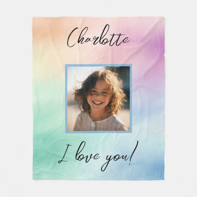 Pastel Custom Photo "I Love You" Personalized Name Fleece Blanket (Front)